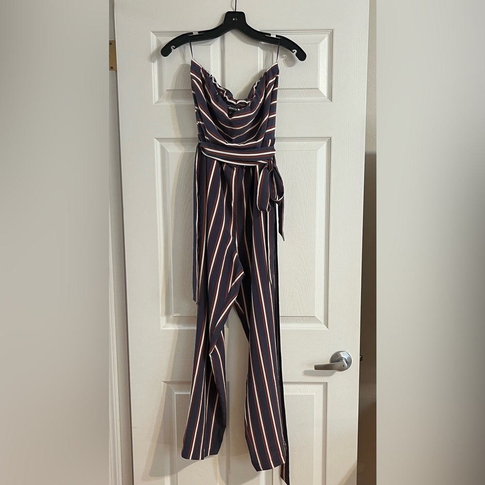 Express Blue and White Striped Strapless Jumpsuit